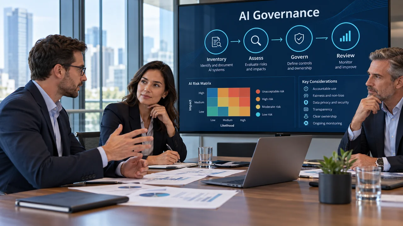 Consultants reviewing an AI governance framework and risk assessment with a client