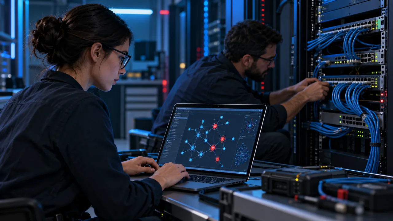 Security engineers assessing a network in a controlled testing lab