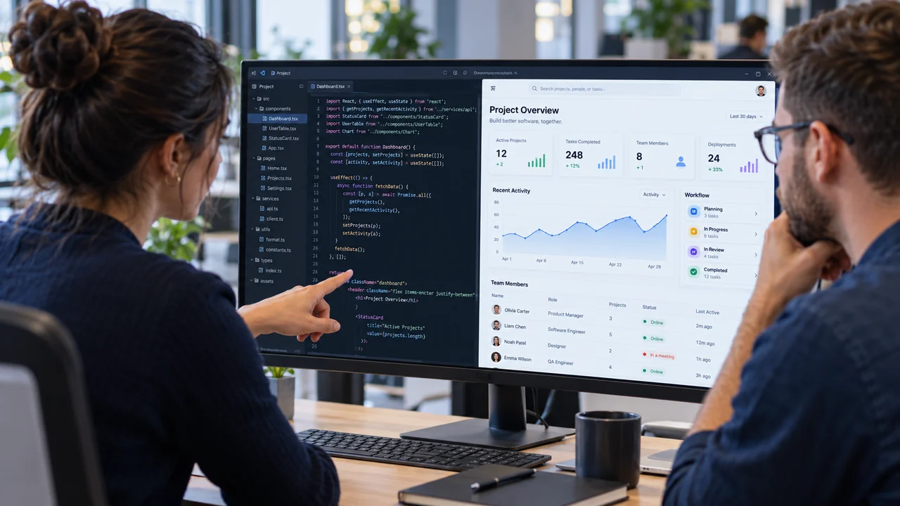 Software engineers reviewing application code and a working business dashboard together